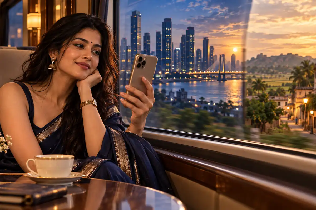 Indian woman using digital communication while travelling between an Indian metro and a small town